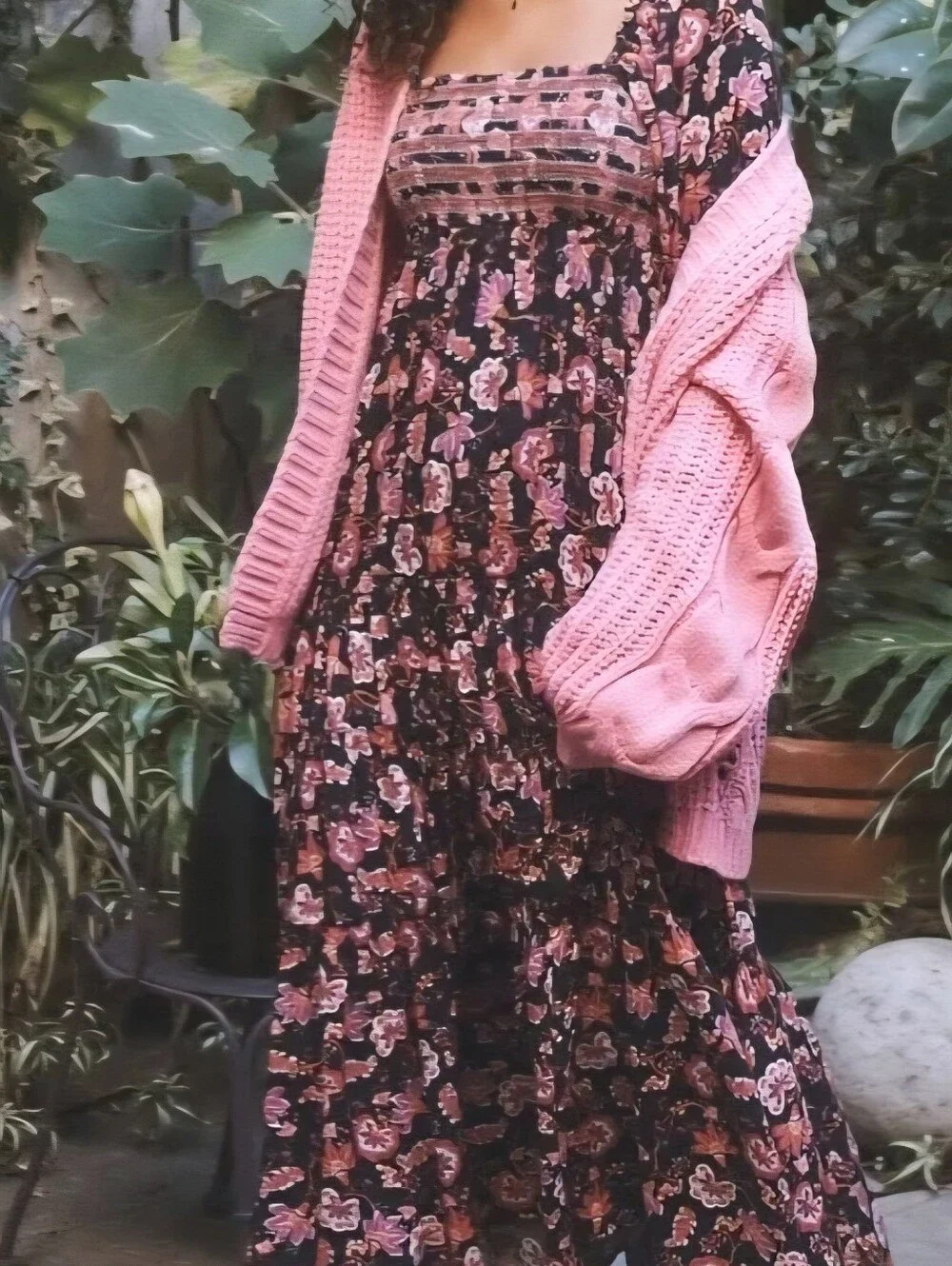 Free People Sweet Escape Smocked Flowy Prairie Maxie Dress Black Pink Floral XS